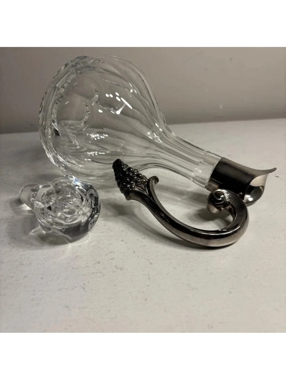 Vintage Crystal Sterling Silver Decanter Grape Cluster Handle